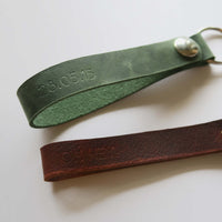 Leather snap keychains, pine green and brown personalized with date and word