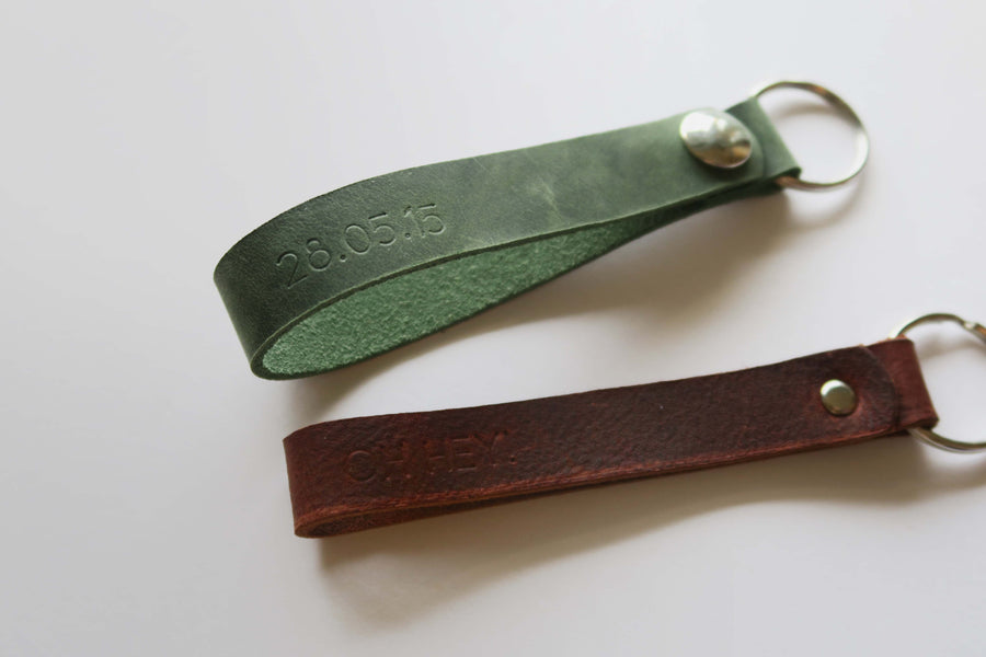 Leather snap keychains, pine green and brown personalized with date and word